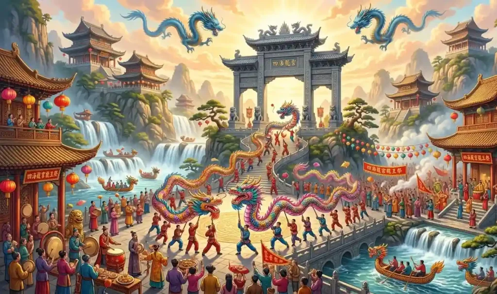 Dragon dance performed during a traditional Chinese festival.