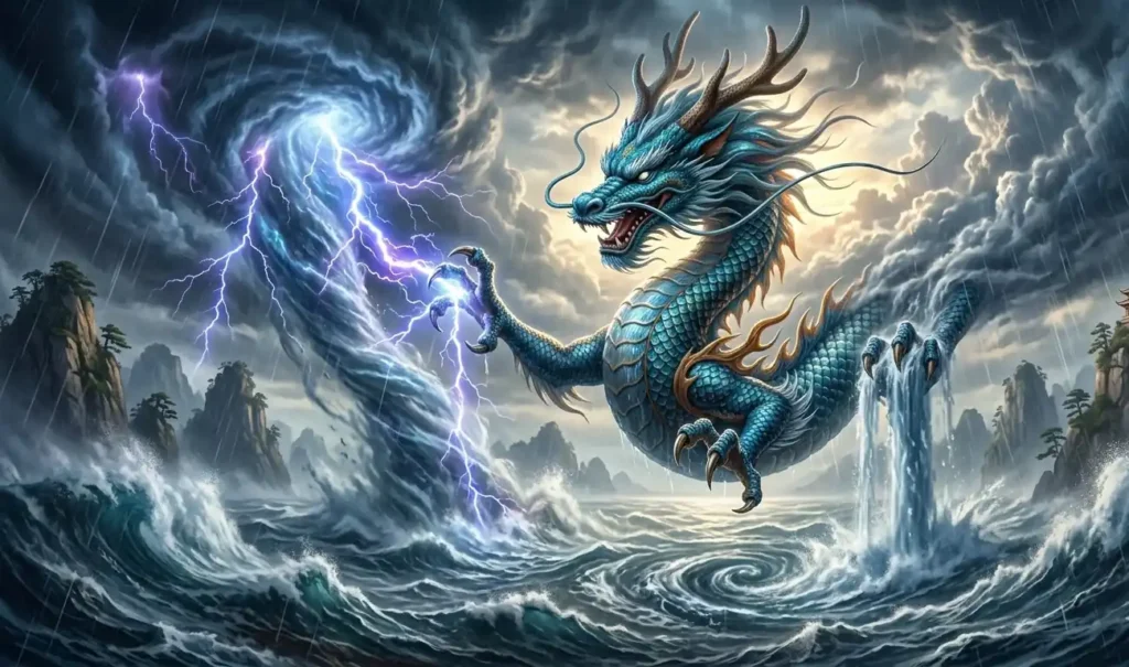 Chinese Loong commanding rain and storm clouds over water.