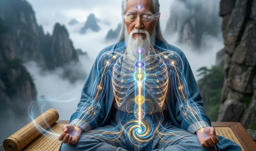 Daoist practitioner guiding energy through the microcosmic orbit.