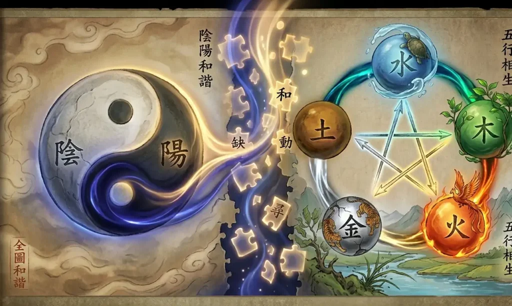 Yin Yang energy flows through the interconnected Five Elements cycle.