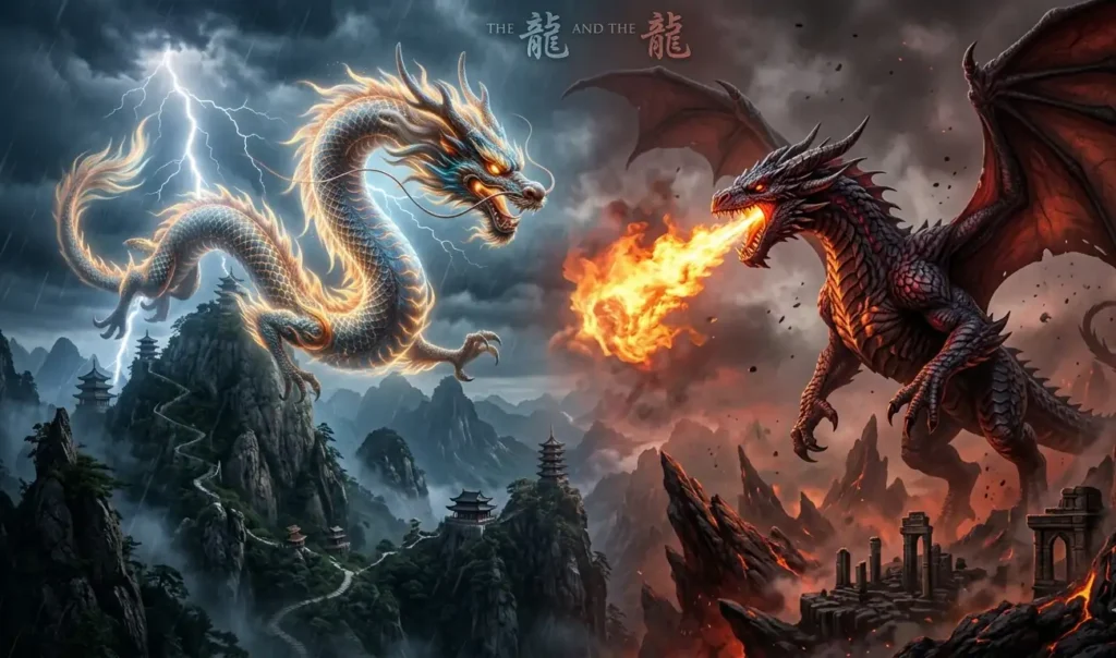 Chinese Loong compared beside a Western dragon design.