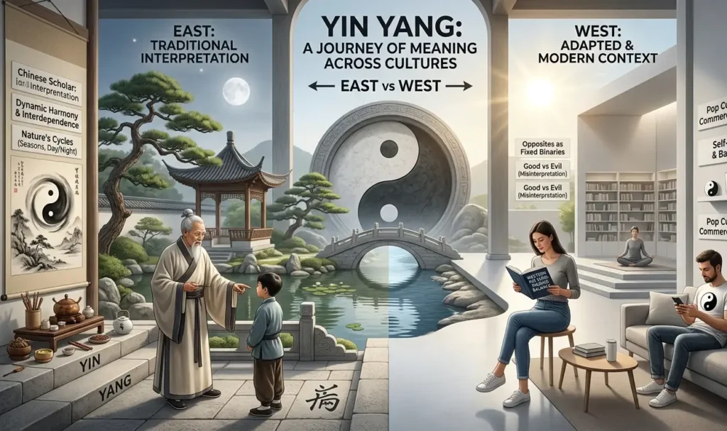 An Image depicting how the yin yang meaning changed across different cultures East vs West