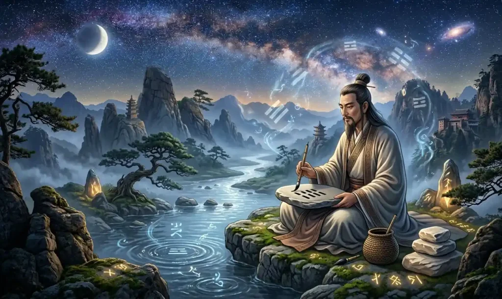 Fu Xi creating the Eight Trigrams beside a river.