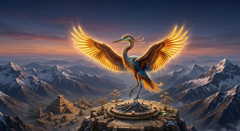 Persian Simurgh soaring over mystical mountain landscapes.