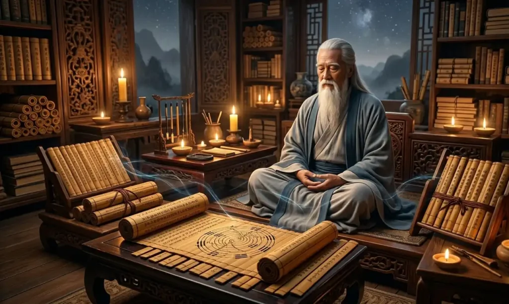 Sacred Daoist meditation texts resting inside a temple library.