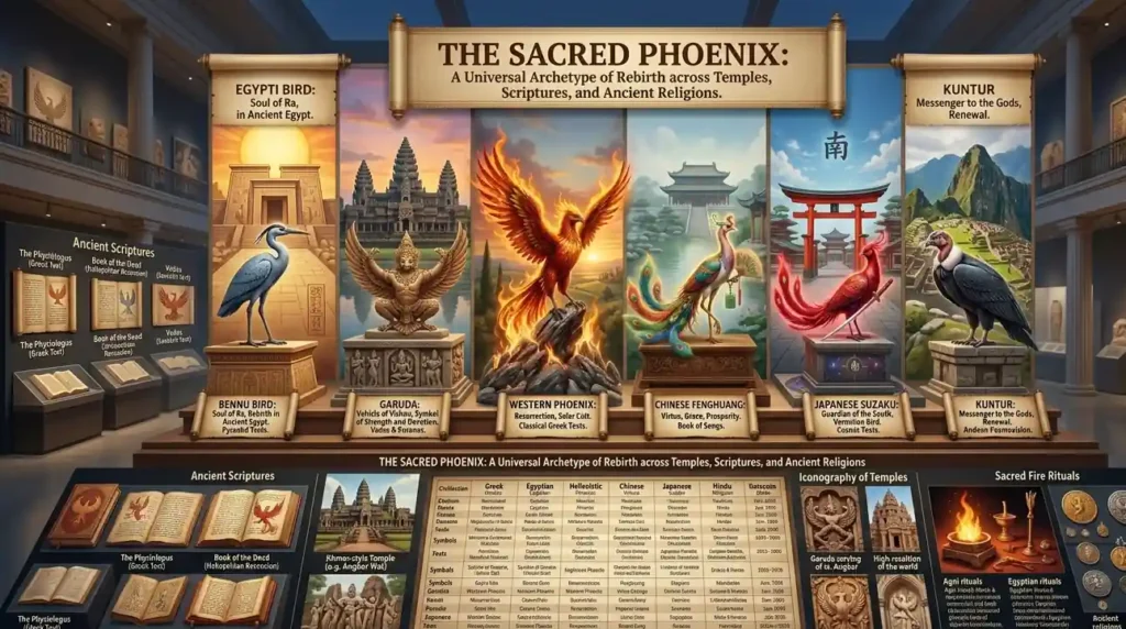Phoenix represented in different global religious traditions.