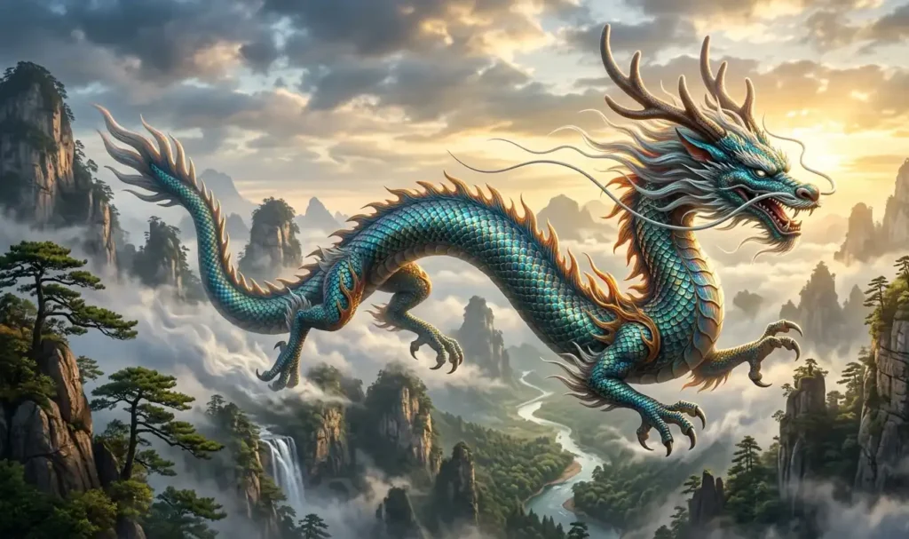 Chinese Loong showing its traditional mythological features.