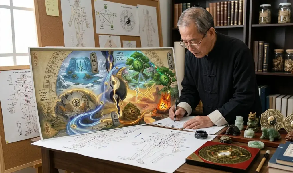 A TCM practitioner uses Yin Yang and Five Elements charts together.