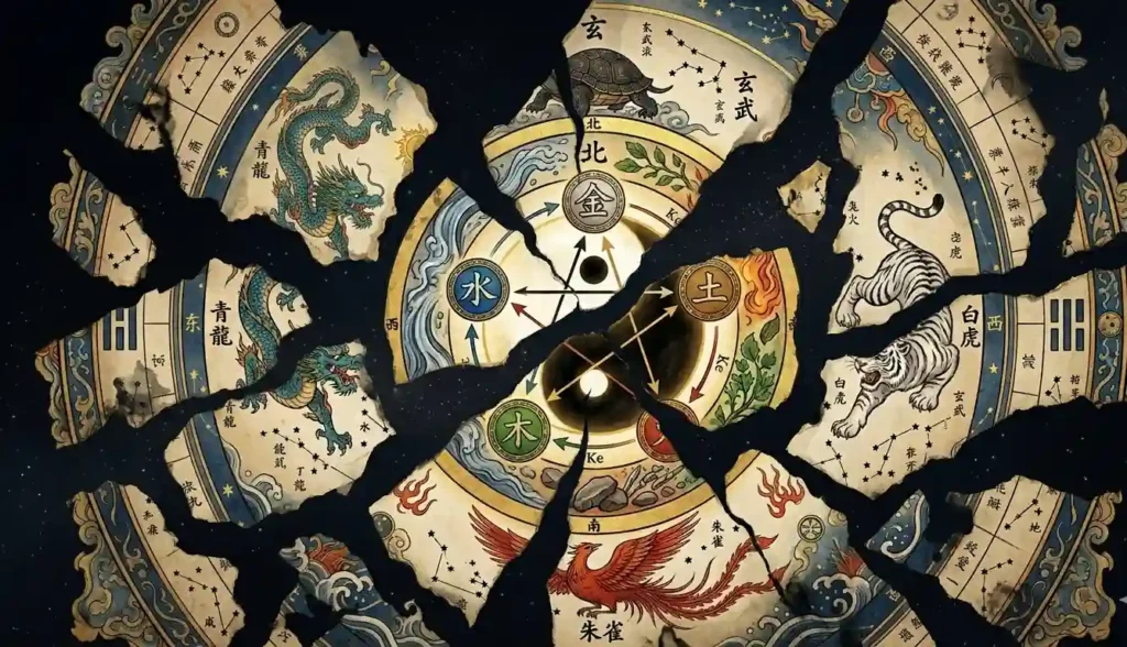 Separate Chinese cosmology systems shown disconnected in darkness.