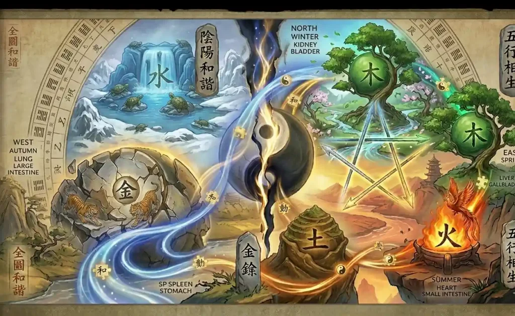 The four seasons shift through Yin Yang and Five Element transformations.