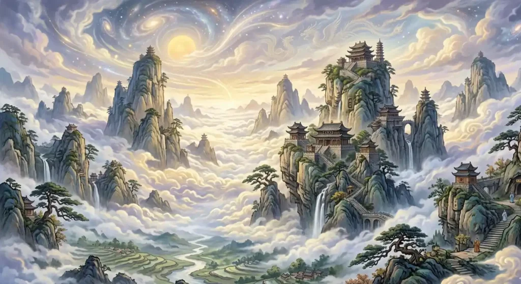 Sacred Chinese mountains believed to house immortals and sages.