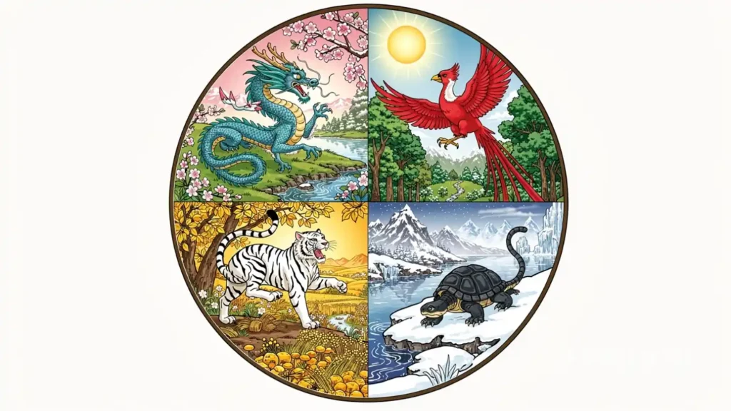 Seasonal cycle surrounding a yin-yang symbol with four sacred beasts.