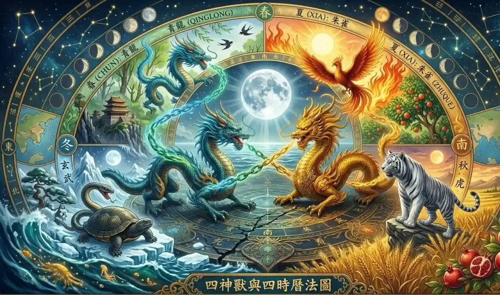 Four Holy Beasts surrounding a seasonal wheel representing the yearly cycle.