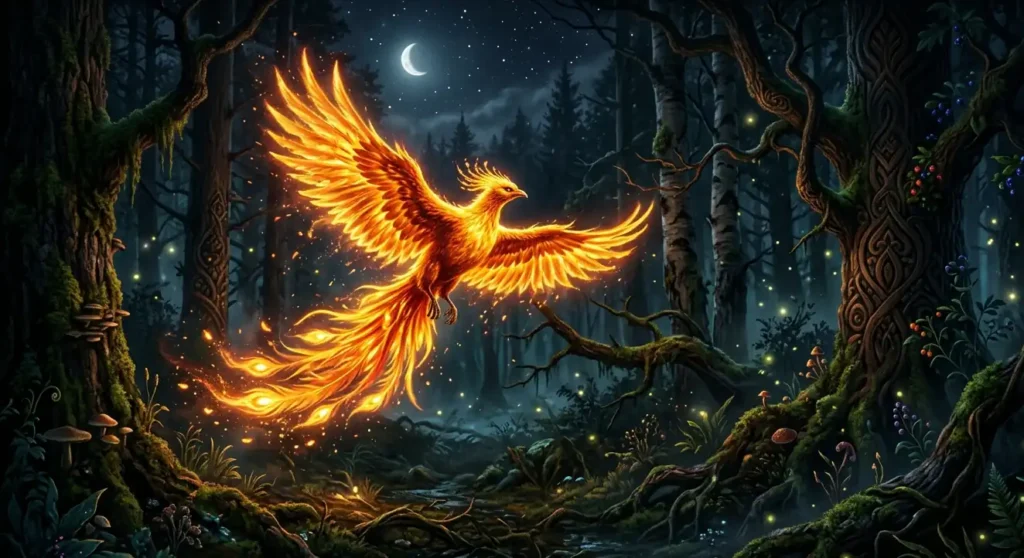 Slavic Firebird glowing brightly inside an enchanted forest.