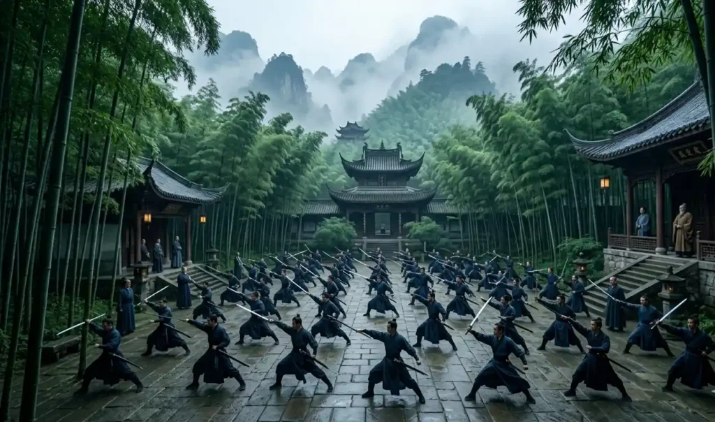 Martial arts disciples training inside a hidden bamboo forest sect.