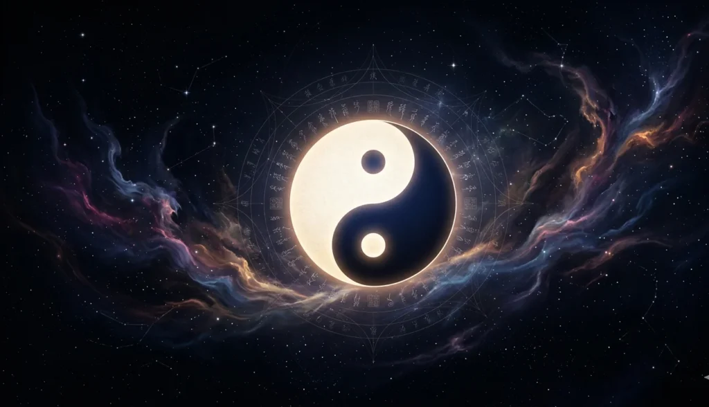 A glowing Tai Ji symbol floating alone in a dark cosmic void.