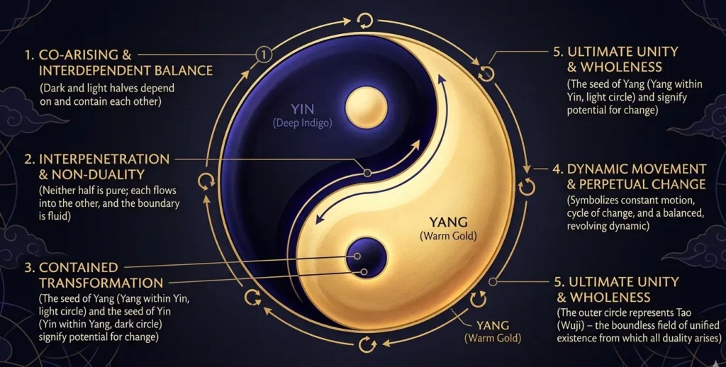 taijitu diagram with five numbered annotations explaining mutual arising interpenetration, seed of the opposite, constant movement and unity