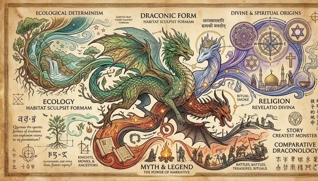Abstract diagram showing factors shaping dragon mythology