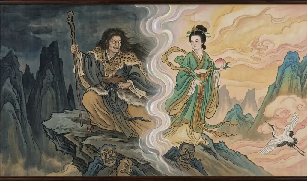Xiwangmu transforming from a wild deity into an immortal goddess.