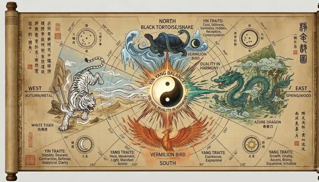 Yin-yang dividing into four beasts representing the four symbols.