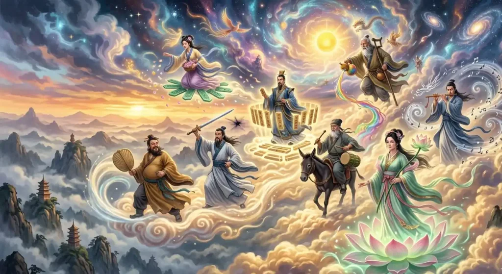 Various Daoist immortals journeying through the heavens together.