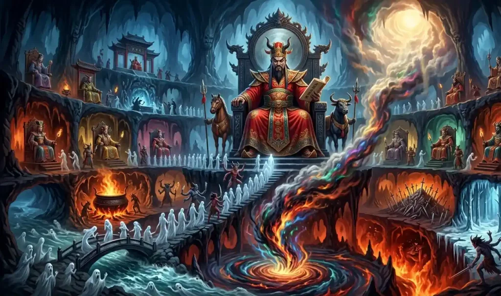 Yama judging souls inside the Chinese underworld courts.