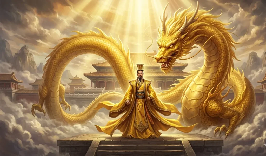 The Yellow Emperor meeting the Yellow Dragon in a legendary imperial myth scene