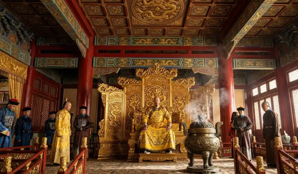 Chinese emperor wearing yellow dragon robes inside an imperial ceremonial hall