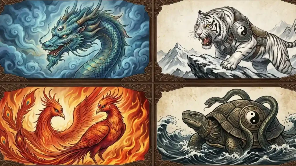 The four sacred beasts displayed with yin-yang energy patterns.