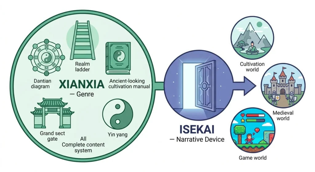 Conceptual diagram showing xianxia as a complete genre circle versus isekai as an open portal device leading to multiple world types