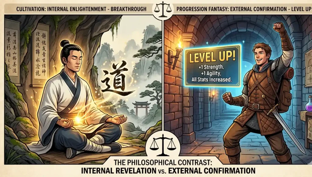 Side by side comparison of cultivation novel dao breakthrough as internal revelation versus progression fantasy level up as measurable external confirmation