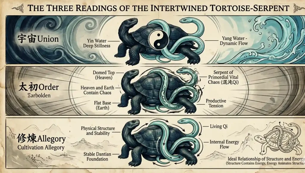 Three panel illustration showing cosmological union primordial order and cultivation allegory interpretations of the Xuanwu tortoise and serpent intertwining