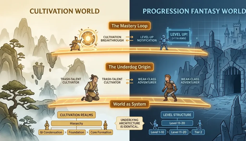 Illustration showing three glowing bridges connecting cultivation novels and progression fantasy representing the mastery loop underdog origin and world as system shared elements