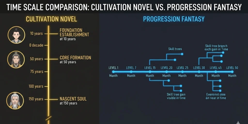 Timeline comparison showing cultivation novel realm advances spaced decades apart against progression fantasy rapid level gains over months