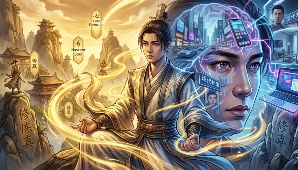 Transmigration xianxia cultivator in traditional robes with modern world memories visible inside their mind showing the genre's cultural friction
