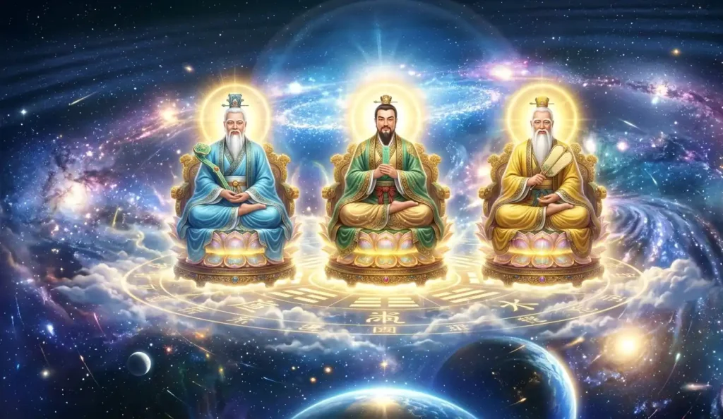 The Three Pure Ones presiding over the celestial cosmos.