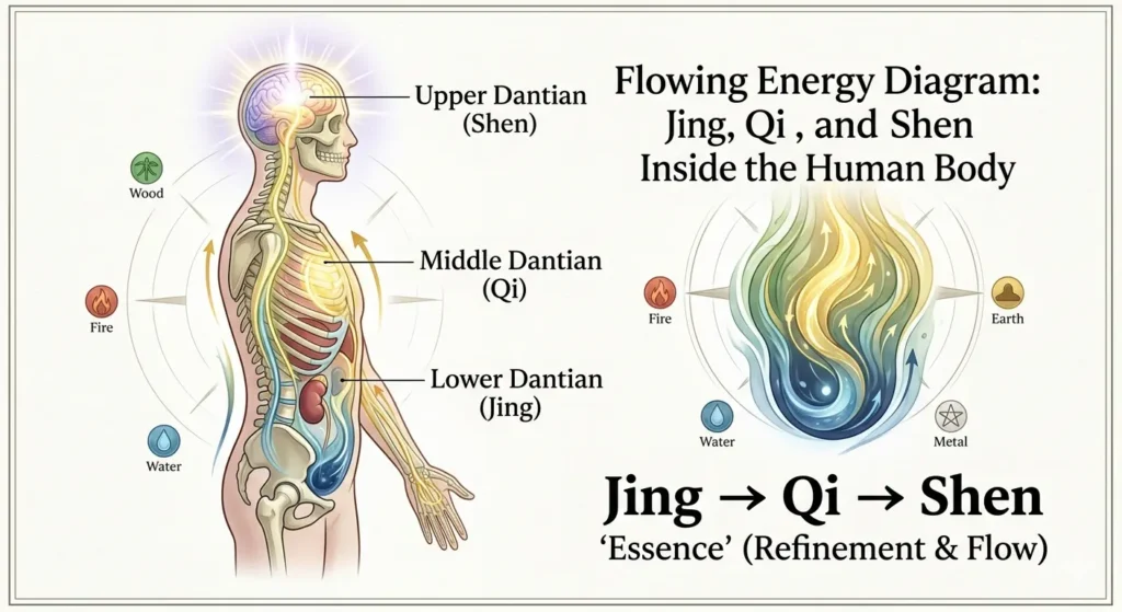 Daoist energy system displaying Jing, Qi, and Shen within the body.