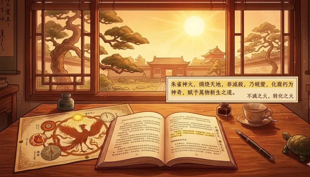 Zhuque cosmological reference on a south-facing desk at noon with a reader's note saying fire that changes not fire that burns