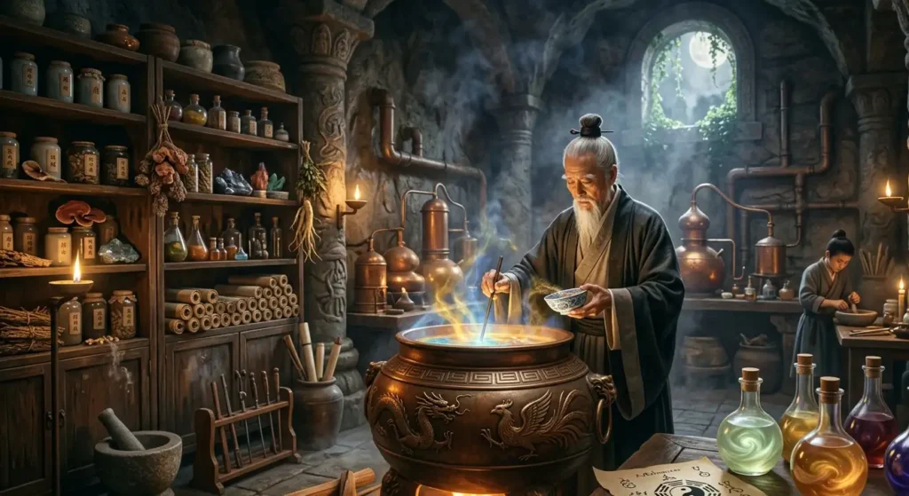 Daoist alchemist preparing mystical elixirs in a sacred chamber.