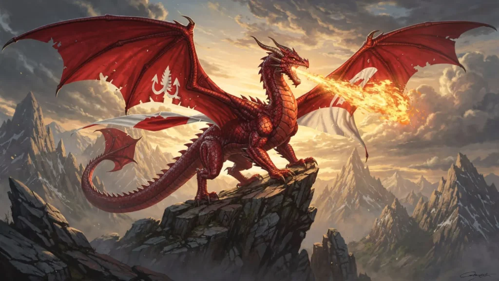 Red Welsh dragon spewing fire atop rocky hill under stormy sky