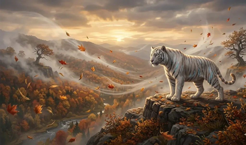 White Tiger surrounded by autumn leaves in the western landscape.