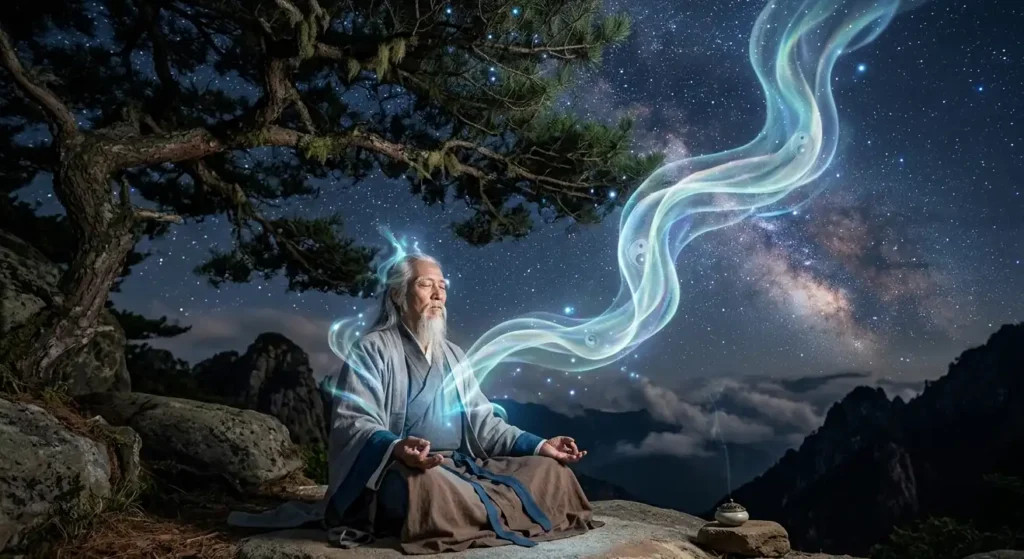 Daoist sage meditating while spiritual energy surrounds him.