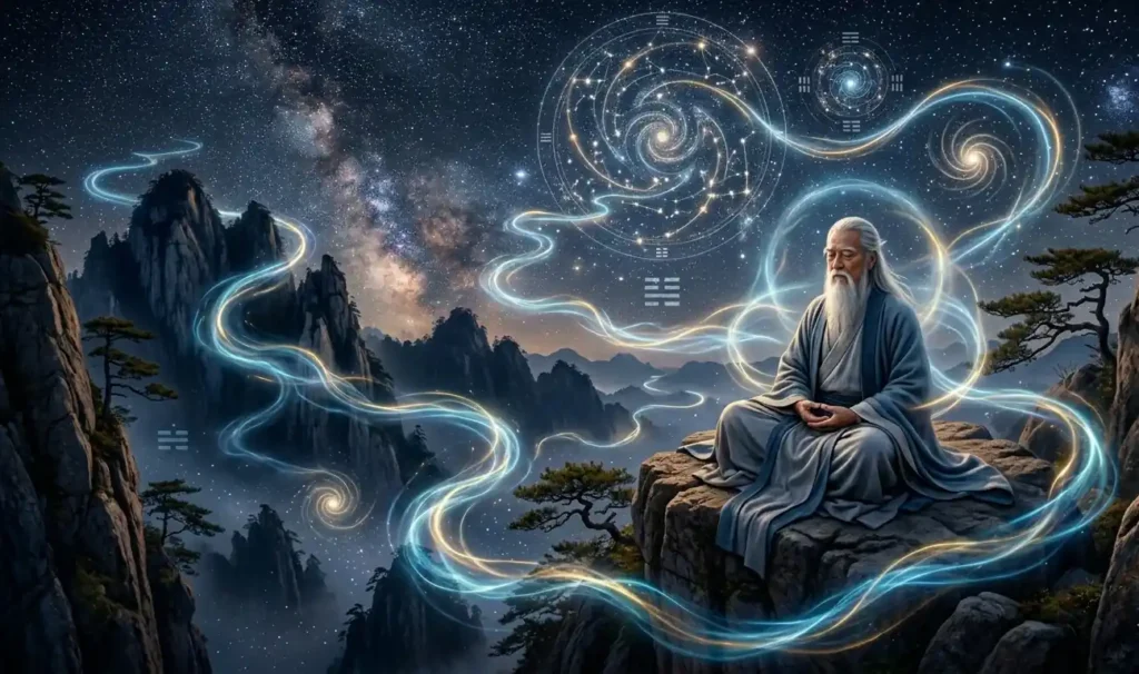 Daoist meditator sitting peacefully beneath the night sky.