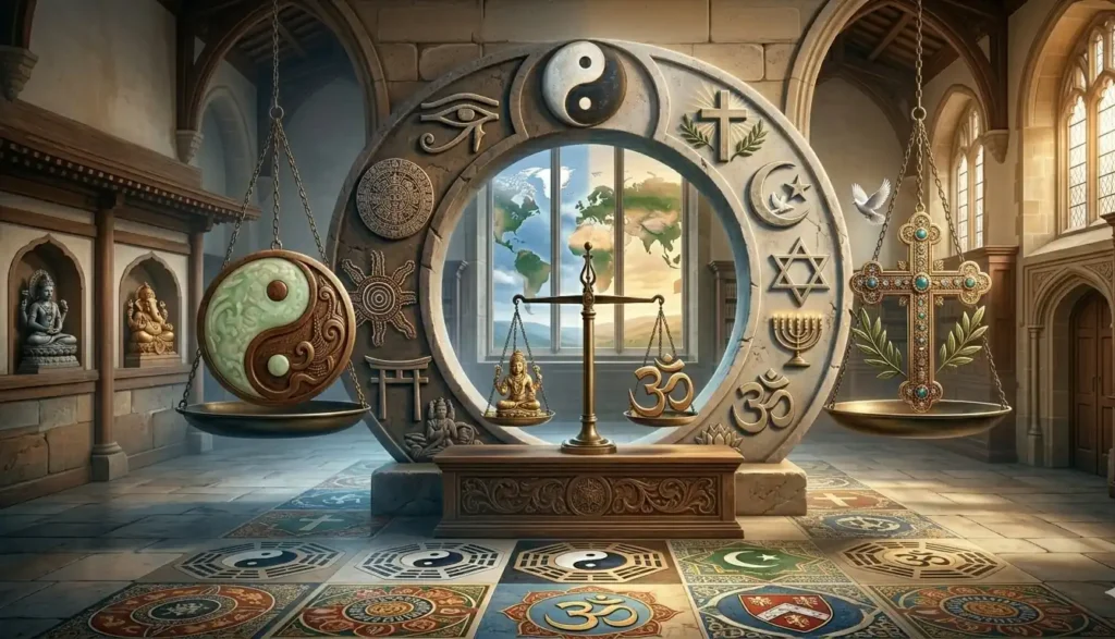 Religious symbols surrounding Yin Yang in balanced composition