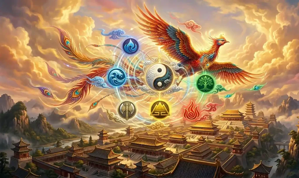 Fenghuang displayed with symbols of balance and harmony.