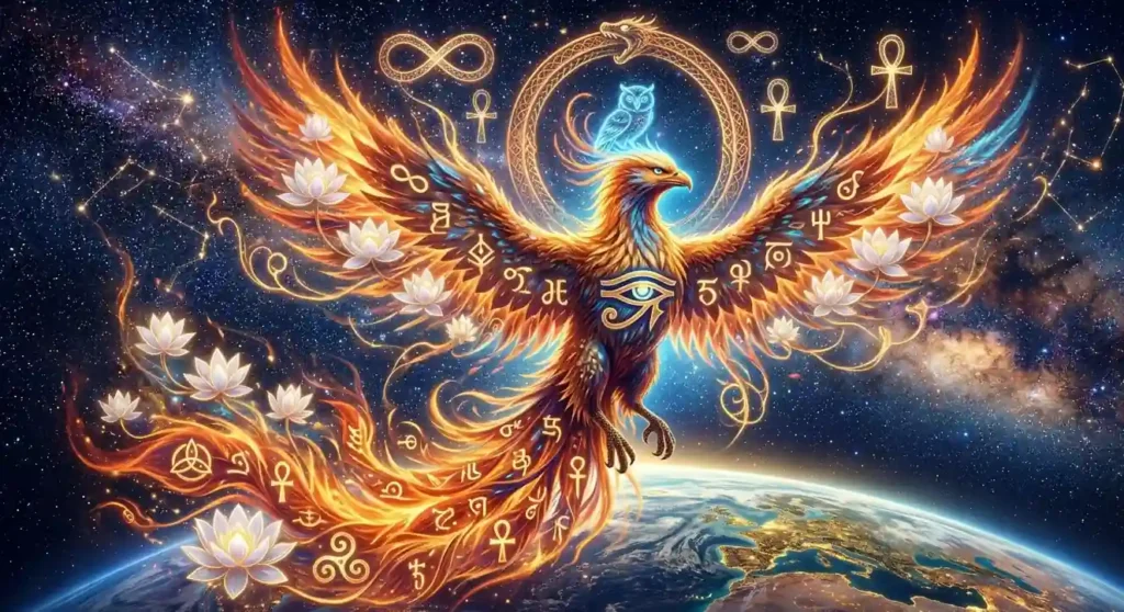 Phoenix surrounded by symbols of renewal and transformation.