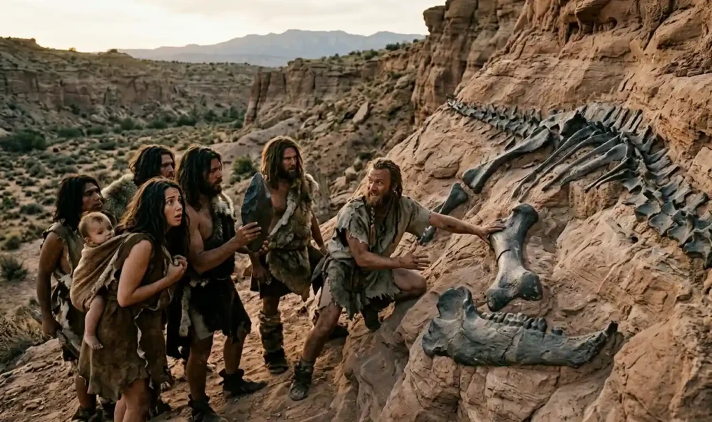 Ancient people uncovering giant fossilized bones in the earth.