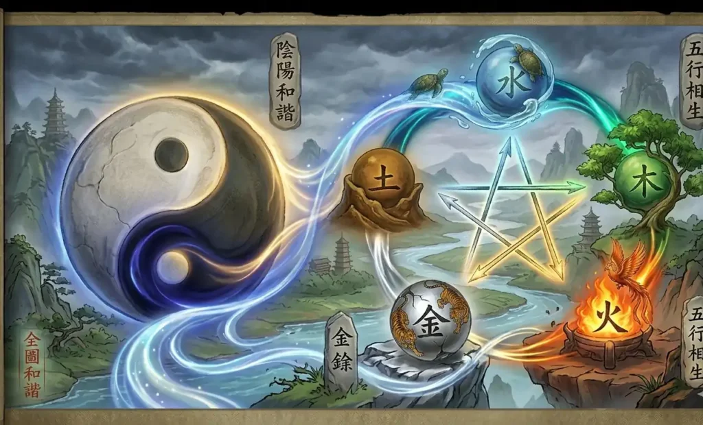 Yin and Yang currents move through the Five Elements cycle.