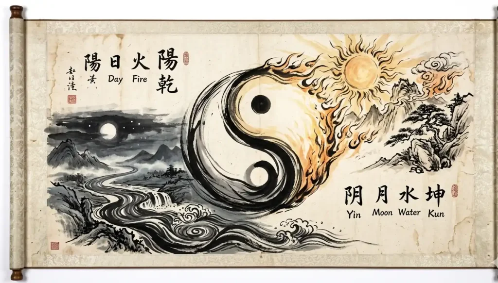 ancient manuscript depicting the yin yang symbol, representing harmony and balance