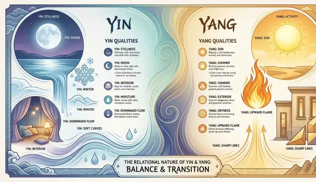 infographic showing yin qualities in cool blues beside yang qualities in warm golds